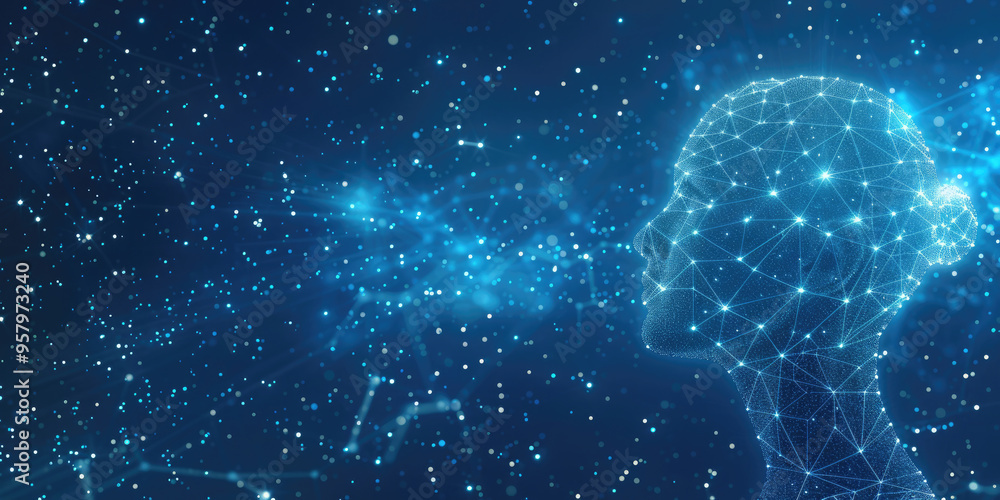 Poster artificial intelligence concept with a human head made of connecting lines and dots representing the