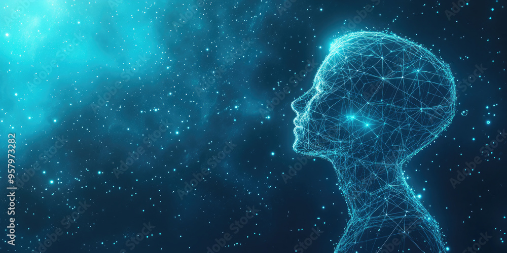 Poster artificial intelligence concept with a human head made of connecting lines and dots representing the