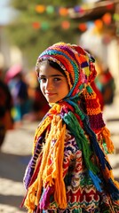 Fototapeta premium A young girl with piercing blue eyes in a traditional colorful head covering and clothing.