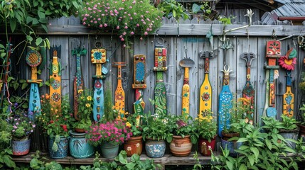 A colorful collection of hand-painted garden tools displayed artistically on a wooden fence, surrounded by blooming flowers and vibrant herbs 
