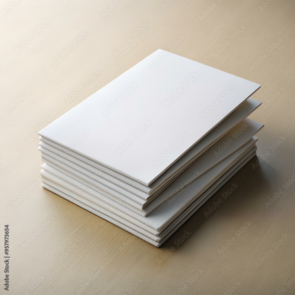 Poster a clean and simple image of a stack of blank brochures on a light wood surface.