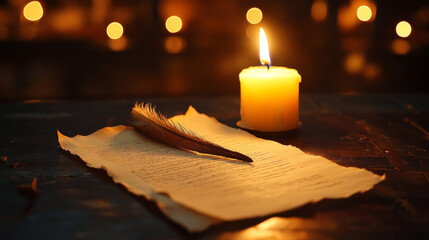 A quill and parchment rest beside a glowing candle, capturing the essence of timeless learning. 