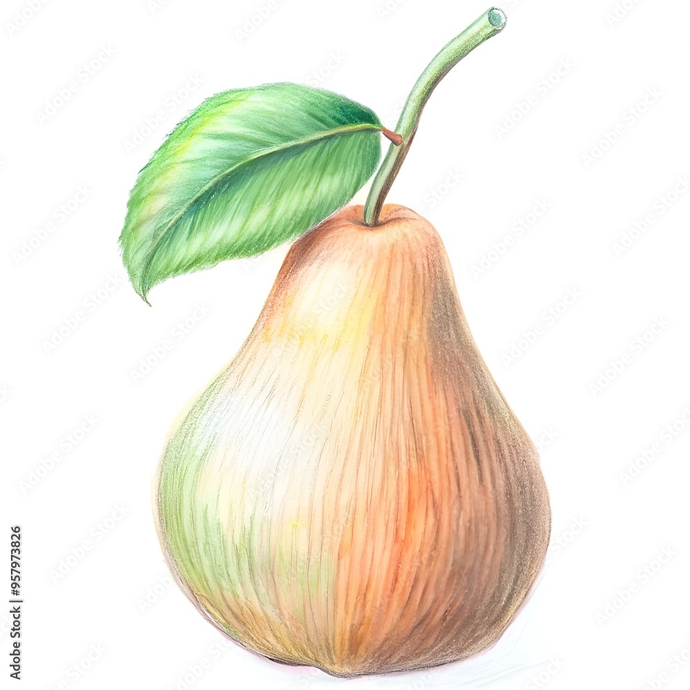 Poster a charming and detailed illustration of a pear with a single leaf. rendered in a realistic style wit