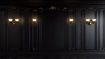 Classic style black wall panel with gilding and wall lights. 3D rendering