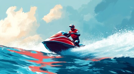 Fototapeta premium Illustration of a man riding a jet ski on the ocean with water splashing around