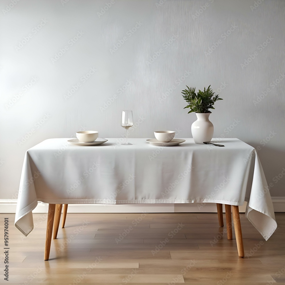 Poster a simple. elegant table setting with a white tablecloth. two place settings. a glass of wine. and a 