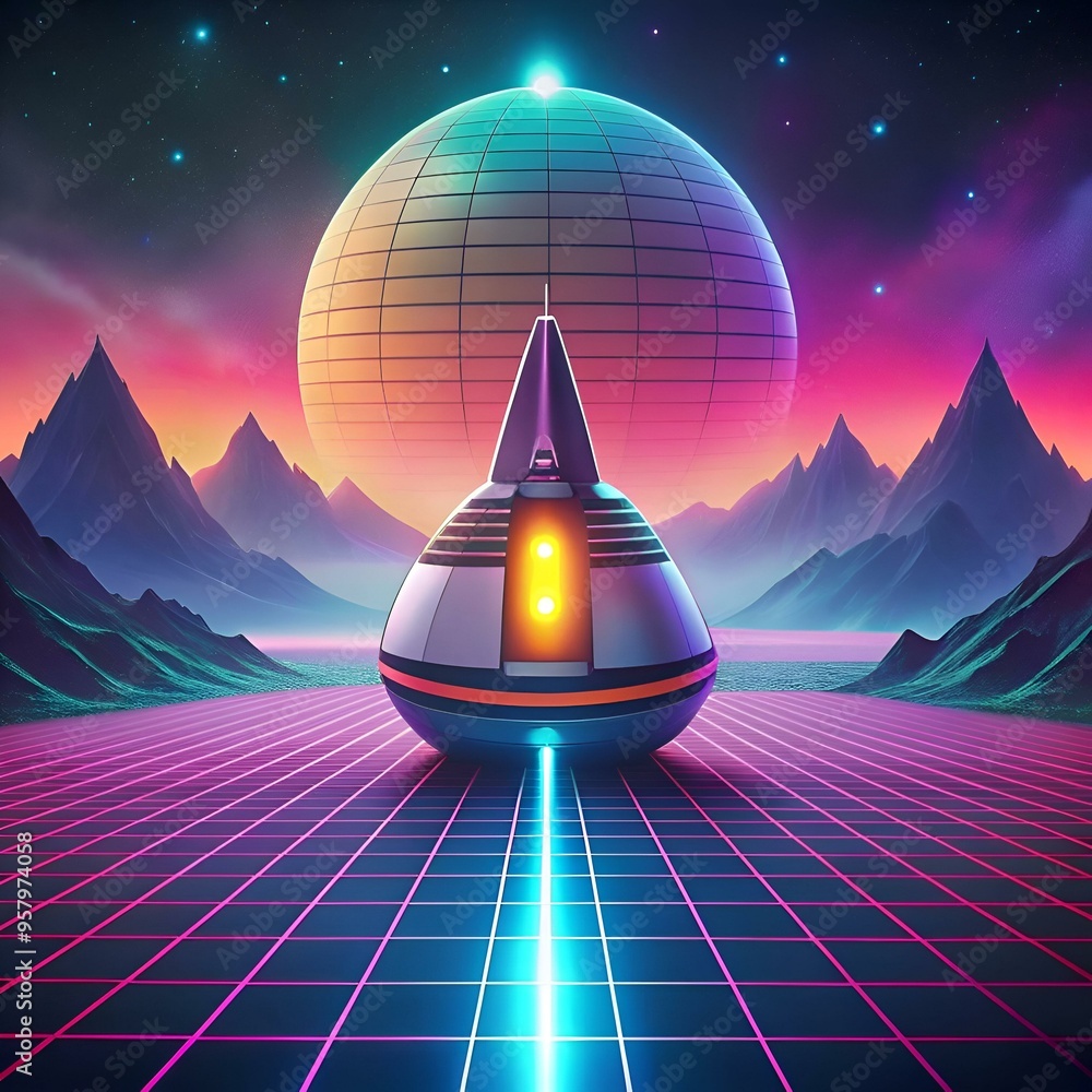 Poster retro futuristic spaceship with glowing lights lands on a neon grid in a synthwave landscape.
