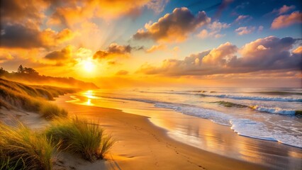 Create an image featuring a sunset with an atmospheric haze softening the outlines of the beachscape