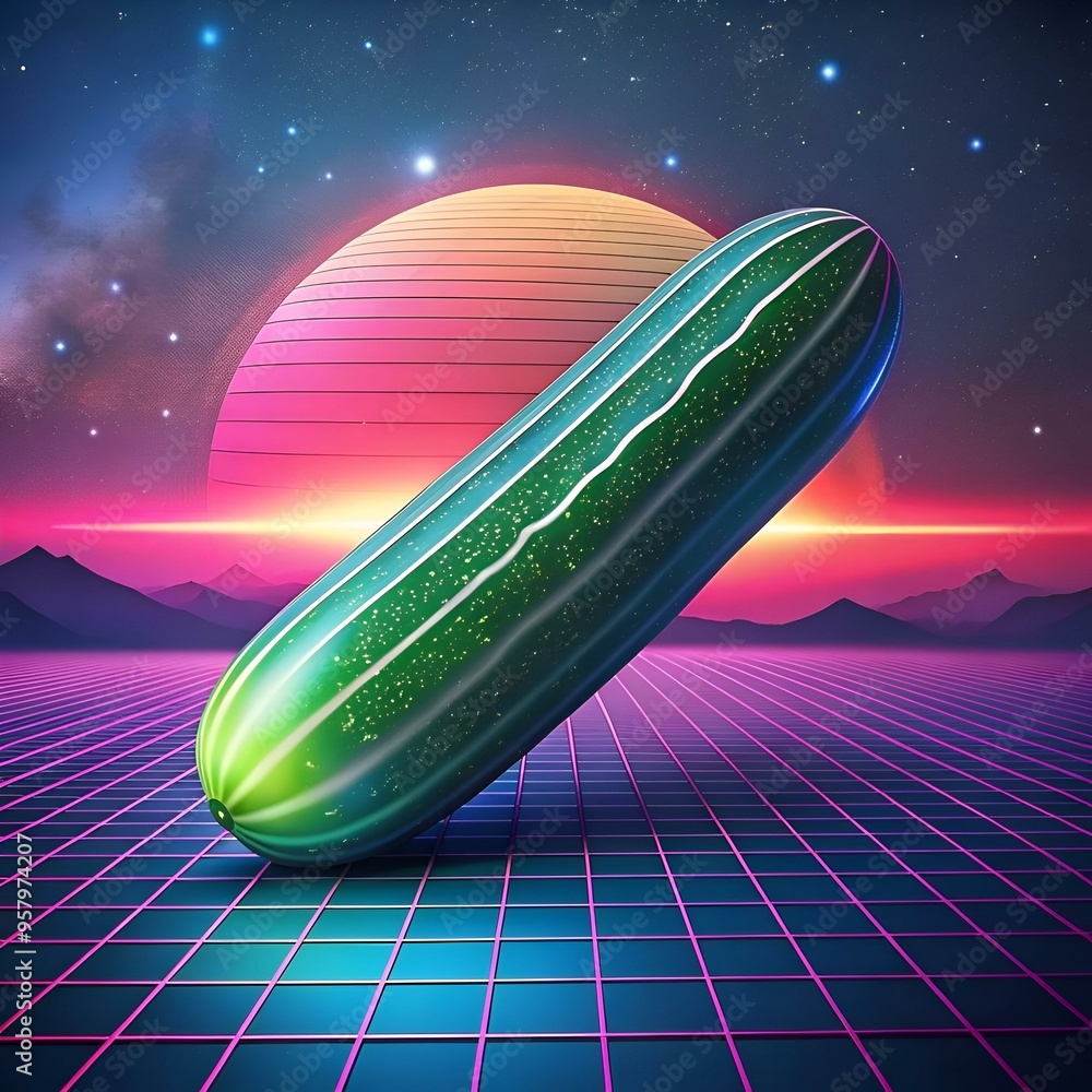 Poster a vibrant 3d rendering of an african cucumber against a retro futuristic backdrop.