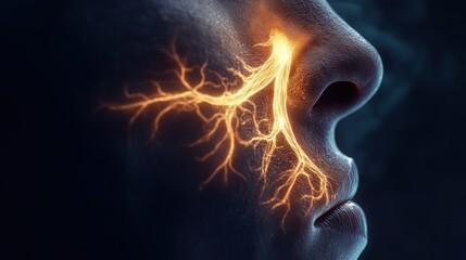 Close-up of a human face with a glowing, branching network of nerves around the eye and nose.