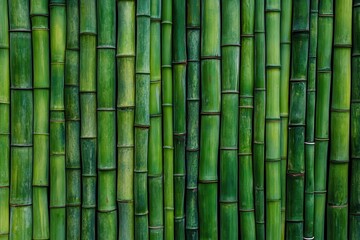 Obraz premium Close-up of bamboo stalks arranged vertically, displaying their natural green texture and unique