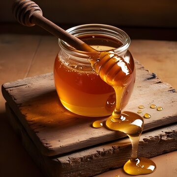 honey in a jar on wooden table