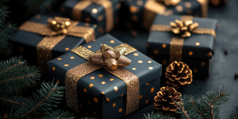 Gift boxes wrapped in black and gold wrapping paper with gold ribbons and bows with sparkling gold confetti. Banner. Christmas card. Copy space.	
