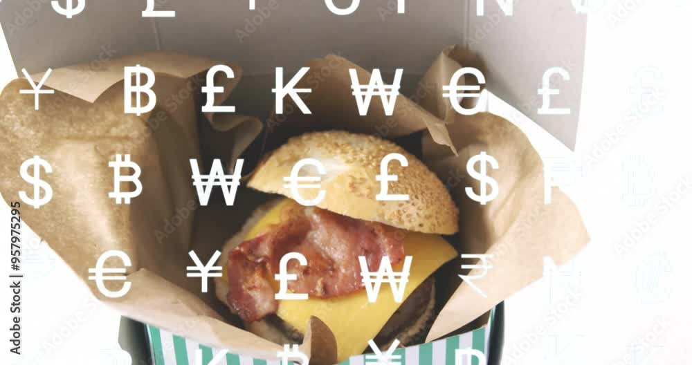 Poster burger with bacon and cheese in box over currency symbols animation
