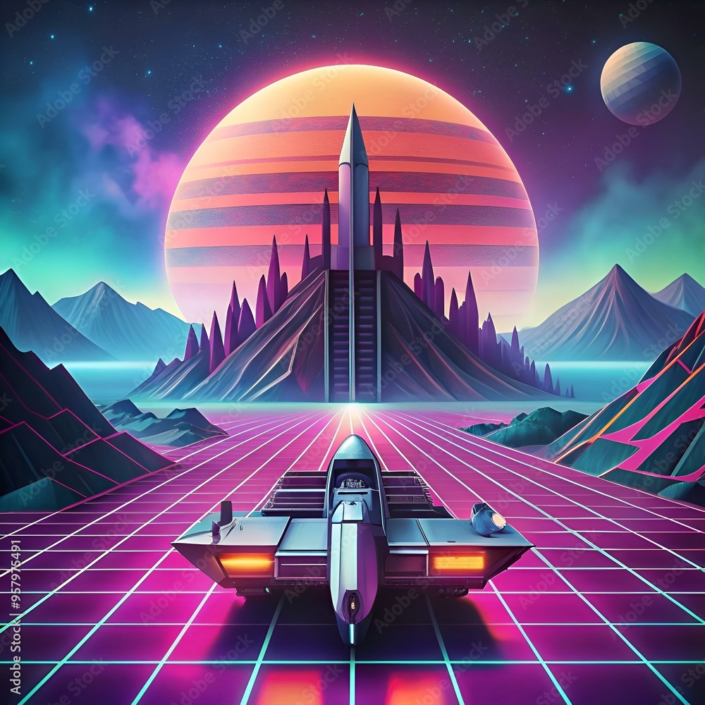 Poster a retro futuristic landscape with a spaceship driving towards a towering structure under a large. st