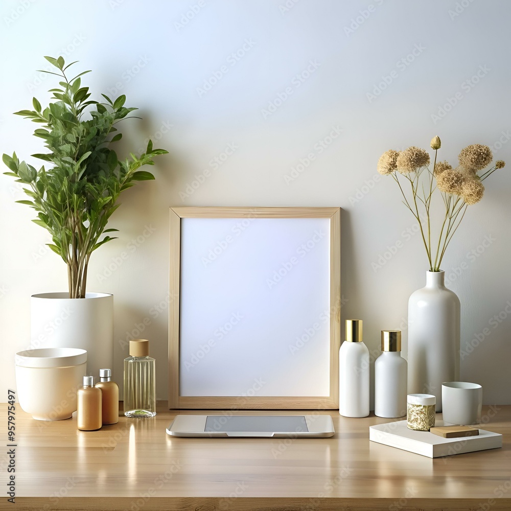 Aufkleber a minimalist workspace with a blank frame. tablet. and decorative items.