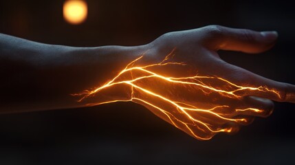 A glowing hand with veins of energy, a close-up shot with a blurred orange background.