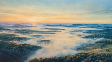 Obraz premium Aerial oil painting of a panoramic view featuring a sunrise ground fog and the distant horizon over a tranquil lake landscape