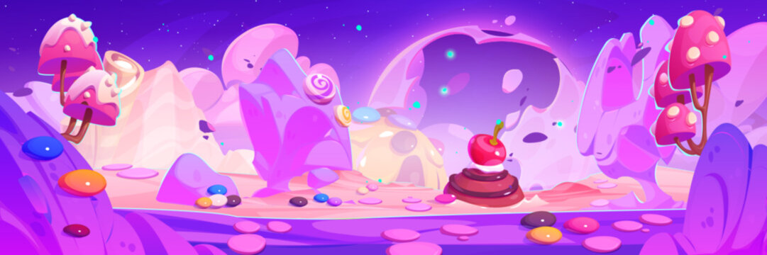 Pink candy land background for game level ui design with cookies and caramels, marshmallow trees and confectionery hills. Cartoon vector sweet dessert childish dreamland panorama with cute sugar food.