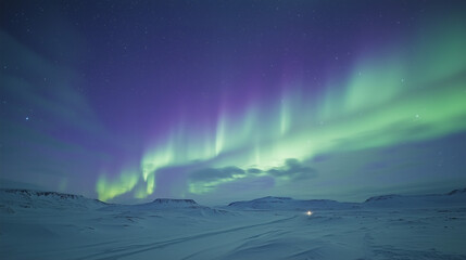 Aurora Rayed Bands, green and purple ribbon-like lights that stretch across the night sky, with vertical lines radiating in all directions, Ai generated images