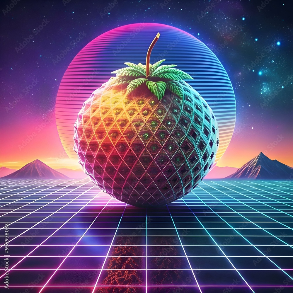 Poster a vibrant 3d illustration of a longkong fruit rendered in a retro 80s aesthetic. featuring a glowing