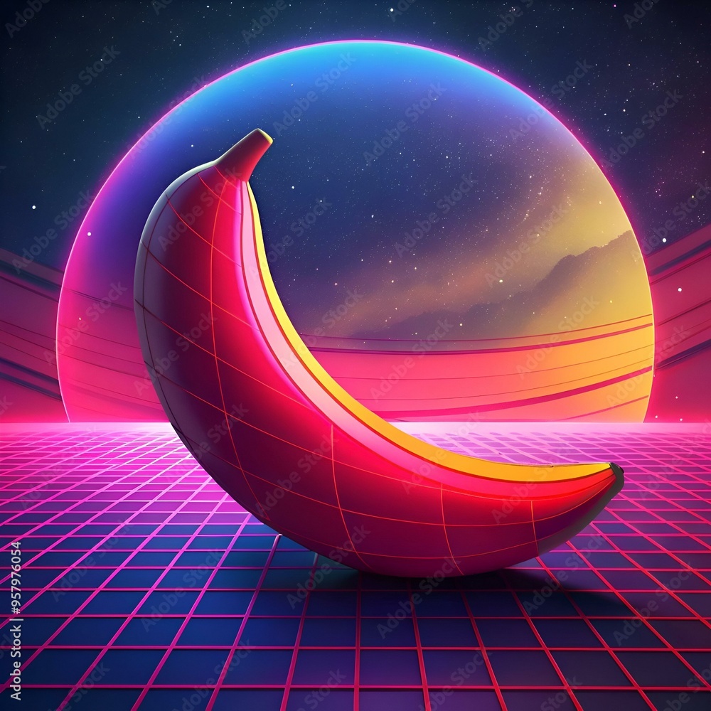 Poster a vibrant 3d illustration of a red banana against a retro futuristic background with a glowing orb a