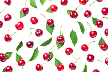 Red Cherry fresh berry pattern from flat view isolated on white or transparent background
