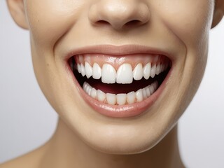 Obraz premium Perfect mouth with beautiful white teeth,Dental of teeth after treatment. Photo of teeth close up. Teeth whitening image. Treatment plan for new smile. Making bleach veneers. Dental photography