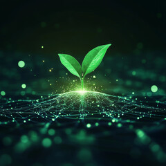 A green plant growing from the center of a digital network, with a glowing light effect in the background