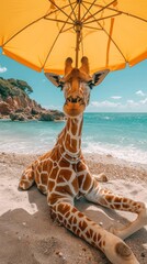 Obraz premium Anthropomorphic giraffe in swimming trunks lying on the beach under an umbrella
