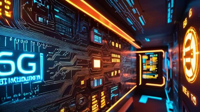 Futuristic digital interface with glowing neon 6G technology logo on dark background.