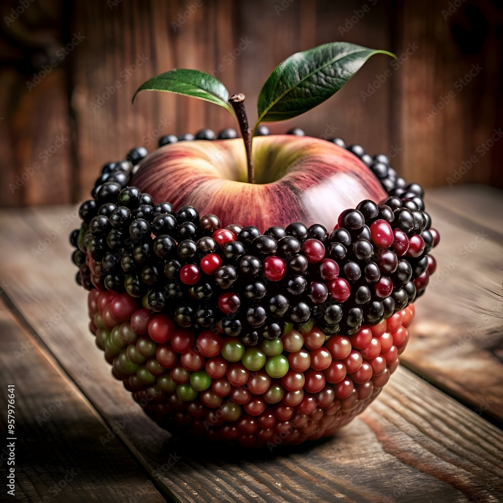 Poster a playful 3d illustration of an apple adorned with colorful berries. perfect for adding a touch of w