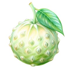 A detailed pencil illustration of a Noni fruit. featuring a vibrant green exterior and a single leaf for a touch of freshness.