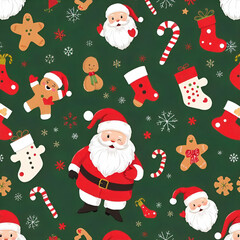 A festive Christmas pattern with Santa Claus, stockings, candy canes, and other holiday elements on a green background
