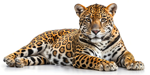 Obraz premium Stunning Cougar rests majestically, showcasing its powerful physique and iconic spotted coat in a studio setting, evoking wild beauty and untamed elegance