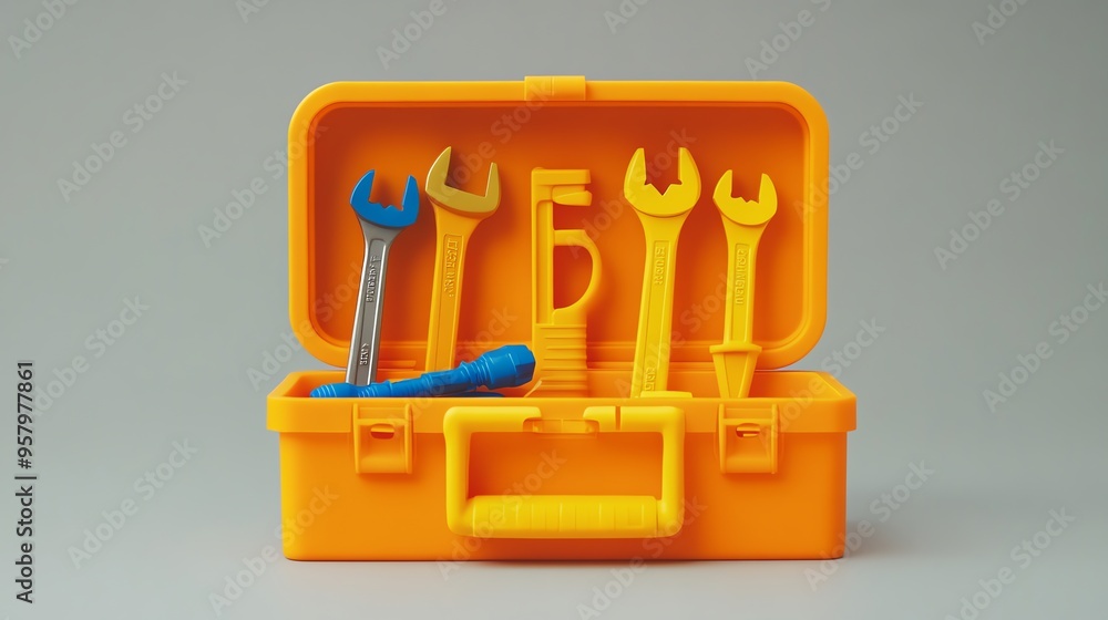 Wall mural yellow tool box with wrenches and screwdriver