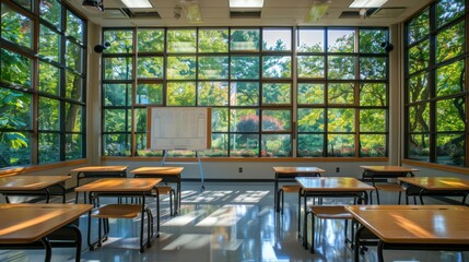 A classroom with large windows allowing natural light, featuring a whiteboard, neatly arranged desks 