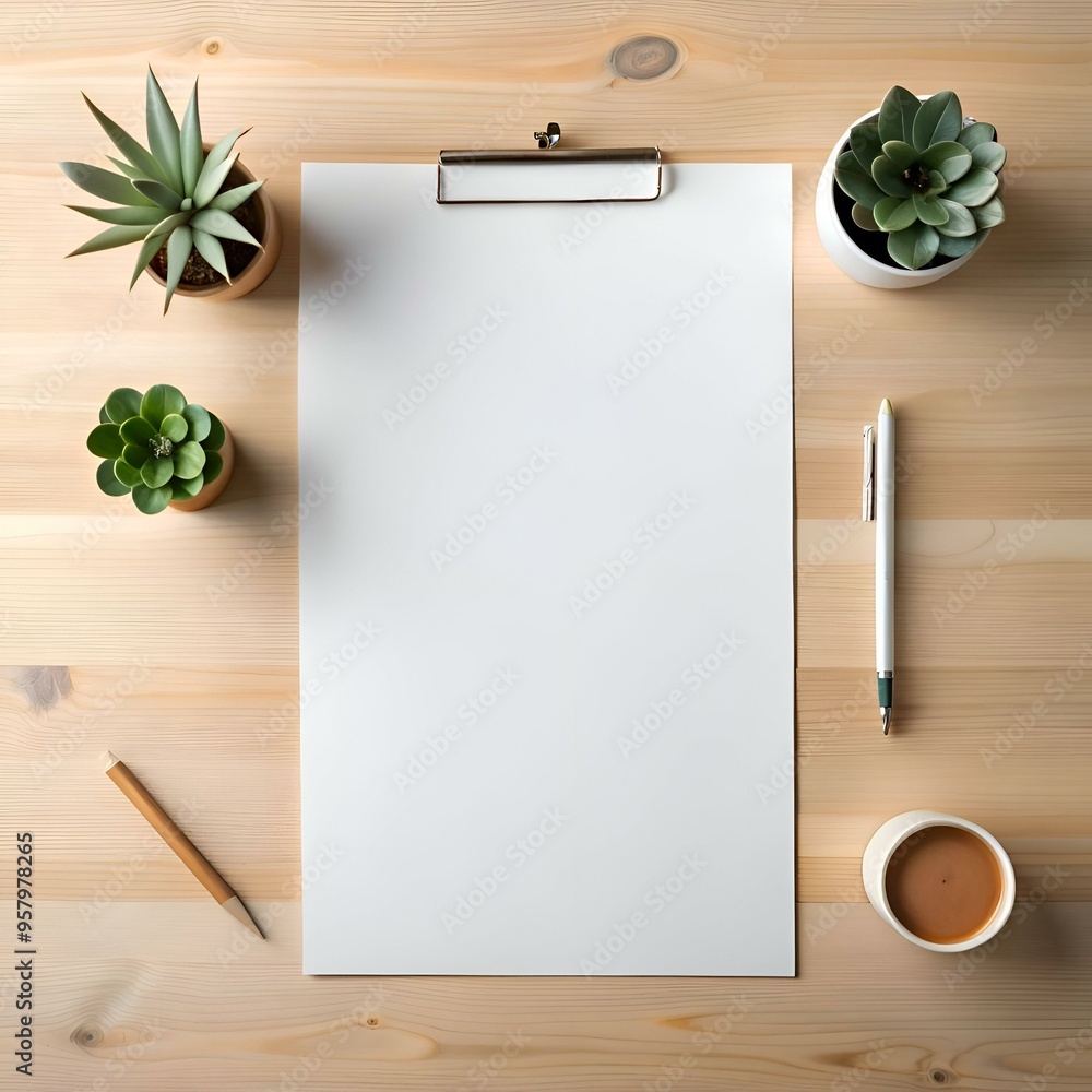 Poster a clean and minimalist workspace with a blank sheet of paper on a clipboard. surrounded by potted su