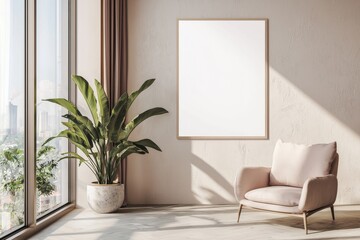 Fototapeta premium Poster Frame in Beige minimalist living room interior created with generative AI