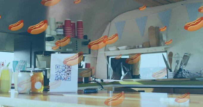 Hot dogs animation over food truck interior with QR code and kitchen supplies