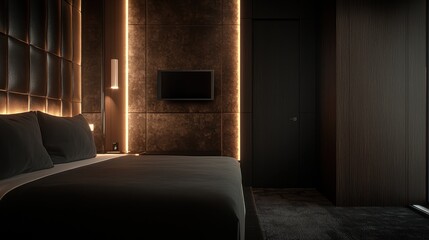 Elegant Minimalist Bedroom Decor: Digital Photo Frame on Nightstand with Soft Lamp Glow