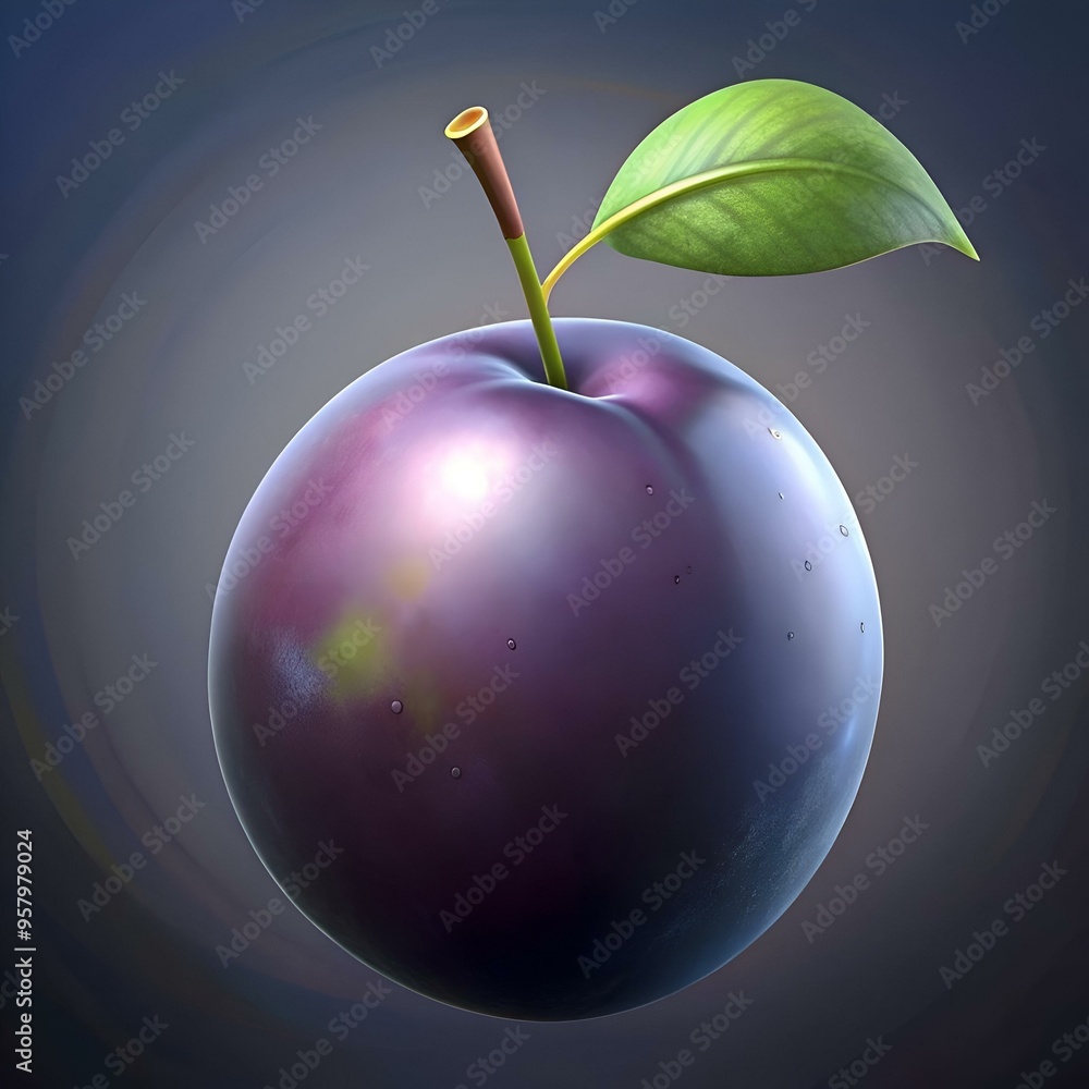 Poster a luscious. ripe plum with a single leaf. rendered in 3d with a glossy finish.