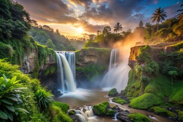 Fototapeta premium 3. Soft morning light accentuates the grandeur of Penimbungan Falls in the morning, with the waterfalls rushing down in misty veil.