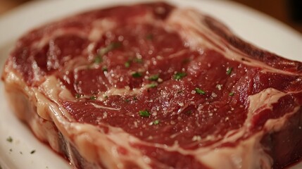 Obraz premium Close-up of Perfectly Seared Marbled Beef Ribeye Steak on Plate