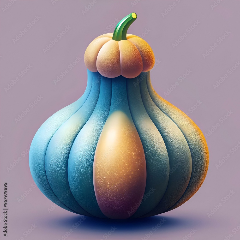 Poster a unique 3d illustration of a stylized squash with a teal and gold color scheme.