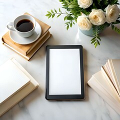 A minimalist flat lay featuring a digital tablet with a blank screen. surrounded by books. a cup of coffee. and a vase of white roses.