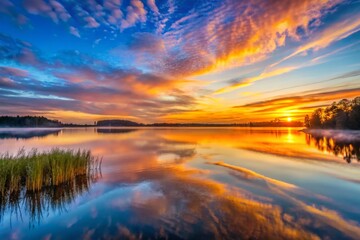 The first light of dawn creeps over the horizon, casting a warm glow across the lake's surface, where a few wispy clouds linger