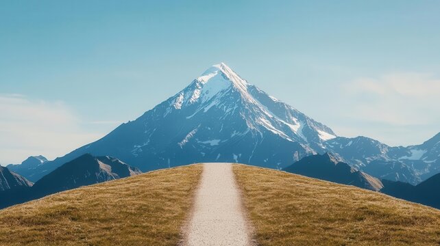 Strategic roadmap shown as a mountain path leading to a peak, symbolizing the challenges and rewards of business planning, strategic roadmap, business journey