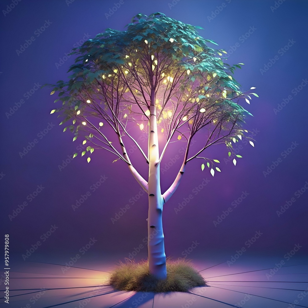 Poster a mesmerizing 3d illustration of a paper birch tree glowing with ethereal light. perfect for adding 