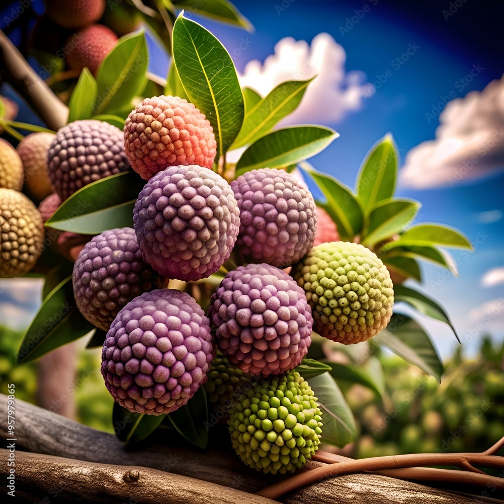 Poster a vibrant 3d illustration of a cluster of yangmei fruit. with a textured. bumpy surface and a mix of